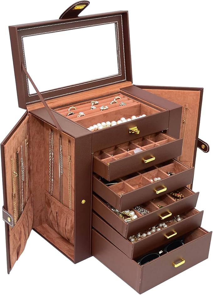 AKOZLIN Large 6-Tier Jewelry Box Organizer Functional Huge Lockable,5 Drawers Leather Jewelry Storage Case for Women Girls Ring Necklace Earring Bracelet Holder Organizer with Mirror Brown-CubbioJoy