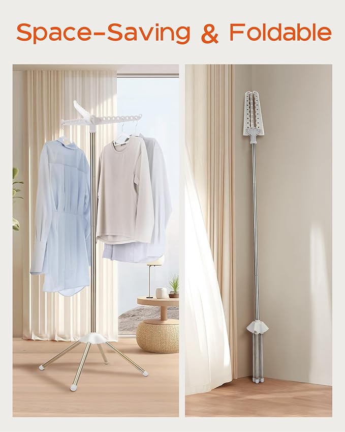 Clothes Drying Rack Foldable, 59 inch Tripod Laundry Drying Rack Indoor with Rotating Clothes Rail for 27 Pieces of Clothes, Space Saving, Stainless Steel, White and Silver CDR001W01-CubbioJoy