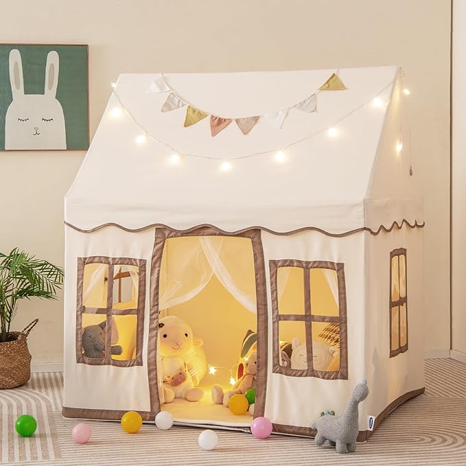 INFANS Kids Play Tent with Washable Mat Star Light Windows, Anti-Trip Large Playhouse Toys for Children Boys Girls, Indoor Outdoor Princess Tents Castle for Toddlers (Beige)-CubbioJoy