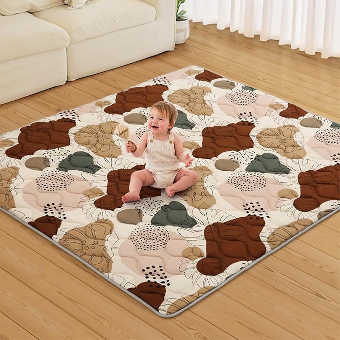 Blissful Diary Baby Play Mats for Floor, 59x59 Inch Thicker and Larger Soft Cushioning Foam Playmats for Babies and Toddlers, Foldable Washable Baby Playpen Mat, Boho Design-CubbioJoy