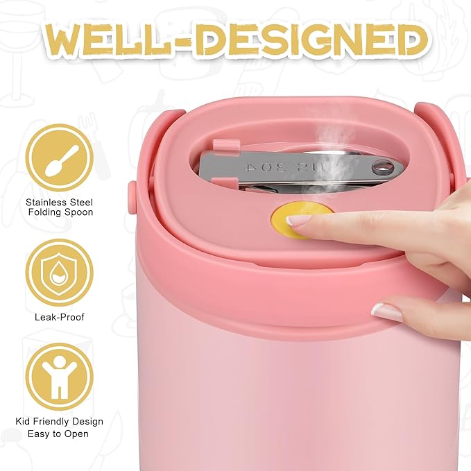 2 - in - 1 Soup Thermo for Hot Food 14oz with Snack Box Container Leak Proof Insulated Lunch Container Kids and Adults Stainless Steel Double Wall Vacuum Wide-mouth Thermal with Spoon and Handle-CubbioJoy