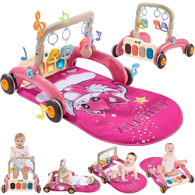 Baby Play Gym Walker Kick and Play Piano Gym for Boys Girls Play Mat Musical Tummy Time Mat Infant Christmas Newborn Gifts Toddlers (Fox Upgraded)-CubbioJoy