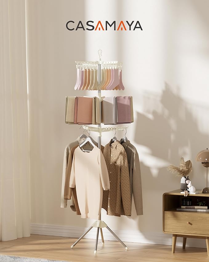 Clothes Drying Rack Foldable, 79.5 inch 3 Tier Laundry Drying Rack with Rotating Clothes Rail for 27 Pieces of Clothes and 24 Clips for Hanging Socks,Space Saving, White and Silver CDR003W01-CubbioJoy