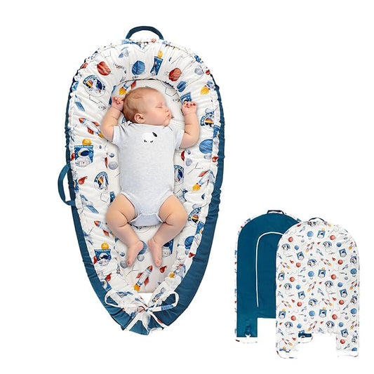 Baby Lounger Cover for Boys Girls, Reversible Baby Nest Cover, Adjustable Baby Lounger Replaceable Cover for Infant Newborn, Portable and Machine Washable, Cotton Blue Rocket Cover Only-CubbioJoy