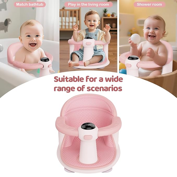 Baby Bath Seat-for Babies 6 Months & up, Water Temperature Display+Soft Cushion, Non-Slip Toddler Bath Seat for Baby, Sit Up Bath Seat for Baby, Pink-CubbioJoy