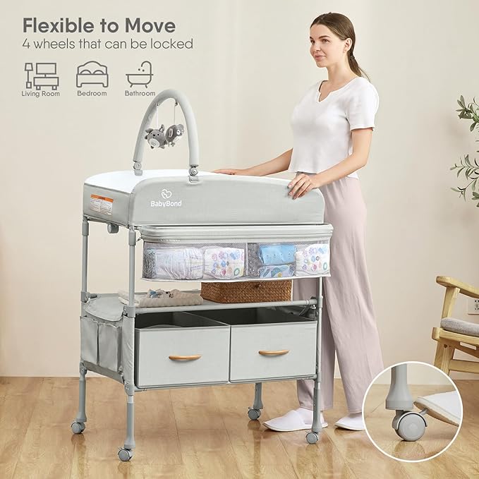 BabyBond Portable Baby Changing Table with 2 Storage Baskets, Foldable Changing Table Dresser Waterproof Diaper Changing Table Height Adjustable Changing Station for Infant and Newborn(Beige)-CubbioJoy