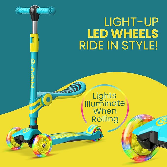 Aqua & Yellow 3 Wheel Scooter with Seat for Kids – Light-Up LED Wheels, Adjustable Handlebar and Seat, Smooth PU Wheels, Wide Anti-Slip Deck, Rear Foot Brake – Toddler Outdoor Toys for Ages 2+-CubbioJoy