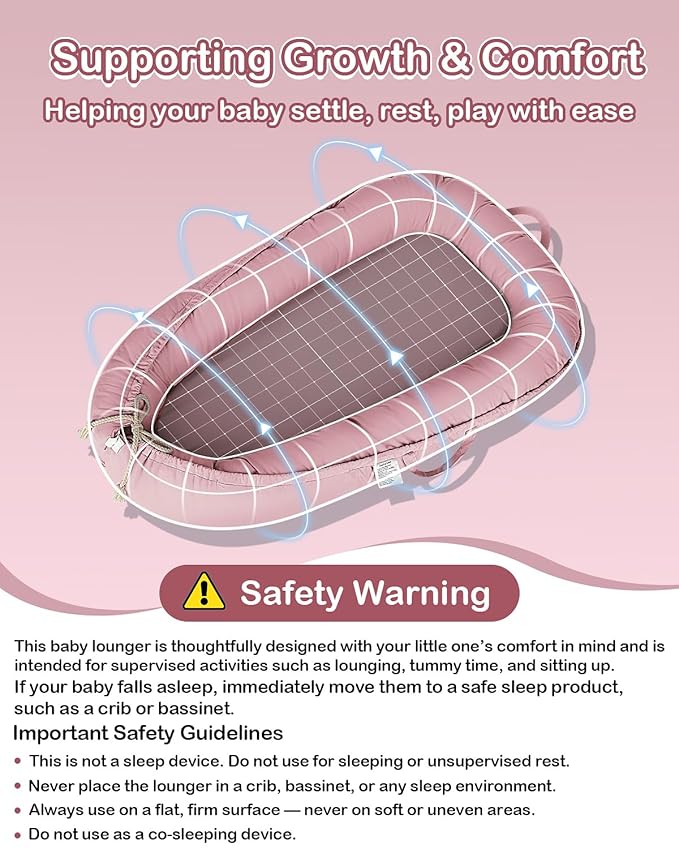 Baby Lounger - Infant Lounger for Newborn 0-24 Months, Pure Cotton Breathable Baby Nest Lounger Cover, Newborn Essentials for Baby Boys & Girls, Co Sleeper Portable Baby Bed for Home and Travel-CubbioJoy