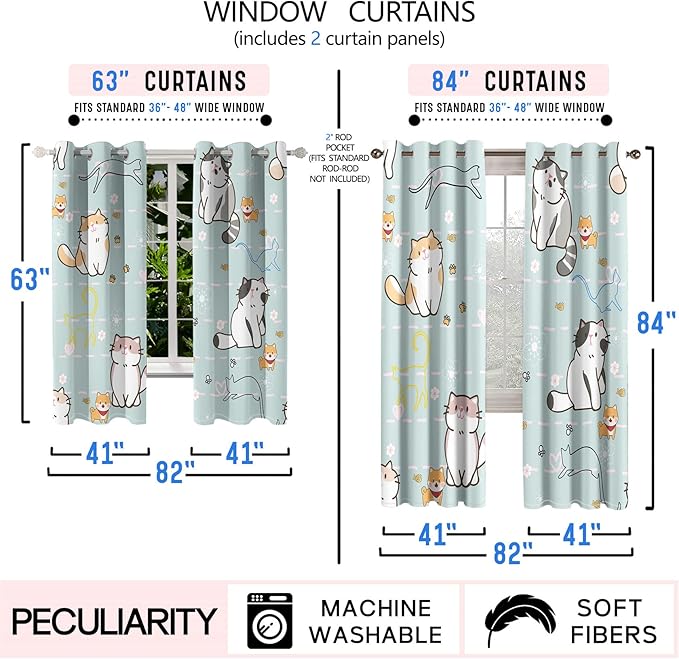 Cartoon Cat Blackout Curtains for Girls Room - Grommets Top, Animal Themed, Thermal Insulated Panels for Bedroom, Nursery Decor, 82 in x 84 in-CubbioJoy