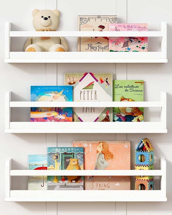 24 Inch White Wall Bookshelf for Kids Room, Floating Nursery Book Shelves Wall Mounted with Lip and Hanging Rod for Baby Girl Boy Bedroom, Large Corner Hanging Children Bookshelves -Set of 3-CubbioJoy