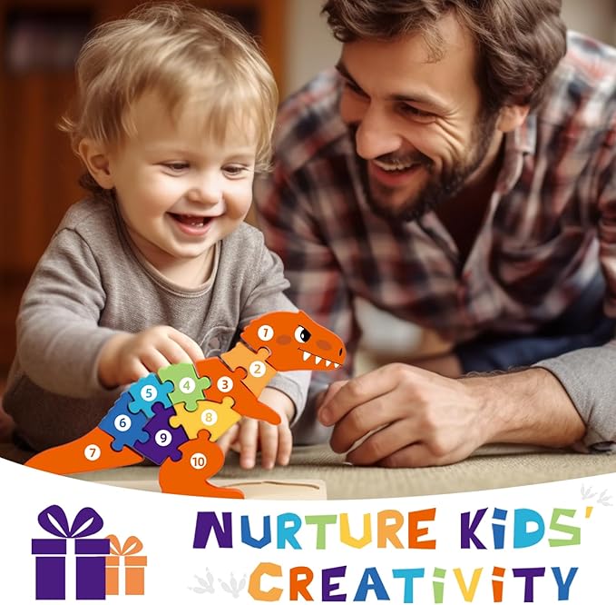 Dinosaur Puzzles for 1+ Year Old, Wooden Puzzles for Toddlers 1-3, Dinosaur Toys for Kids 2-4 Boys/Girls, Large Floor Chunky Dino Puzzles Ages 3-5, Learning Number Color 4-6, Allosaurus-CubbioJoy