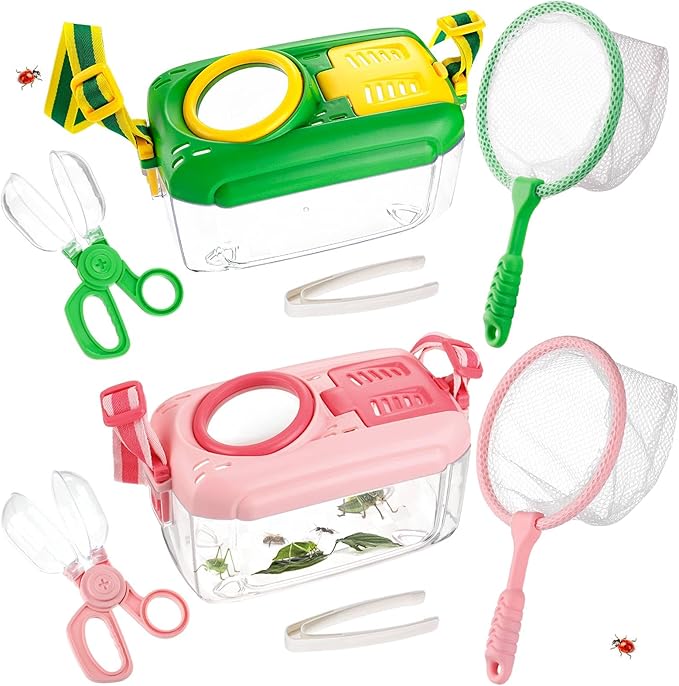 2 Set Bug Catcher for Kids- Educational Bug Catching Kit Including Butterfly Net, Insect Clip, Tweezer, Outdoor Toys for Kids Ages 3-10 (Pink & Green)-CubbioJoy