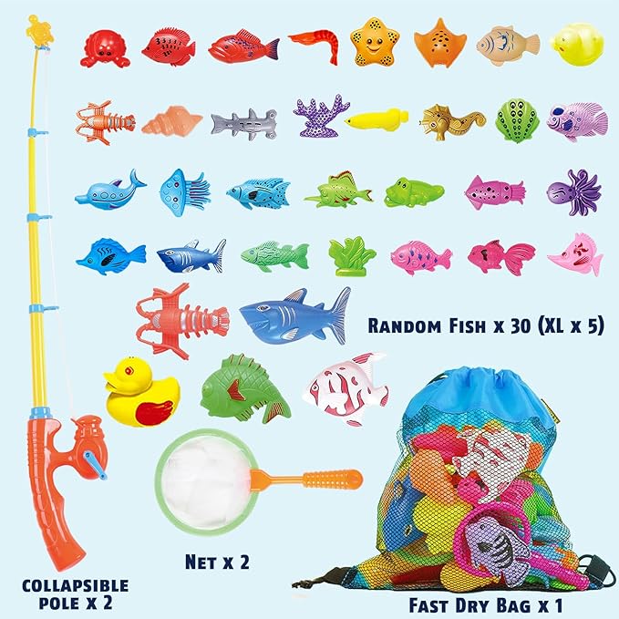 CozyBomB™ Magnetic Fishing Toys Game Set for Kids | Water Table Bathtub Kiddie Pool Party & Pole Rod Net, Plastic Floating Fish Toddler Color Ocean Sea Animals Birthday Age 3 4 5 6 Year-CubbioJoy
