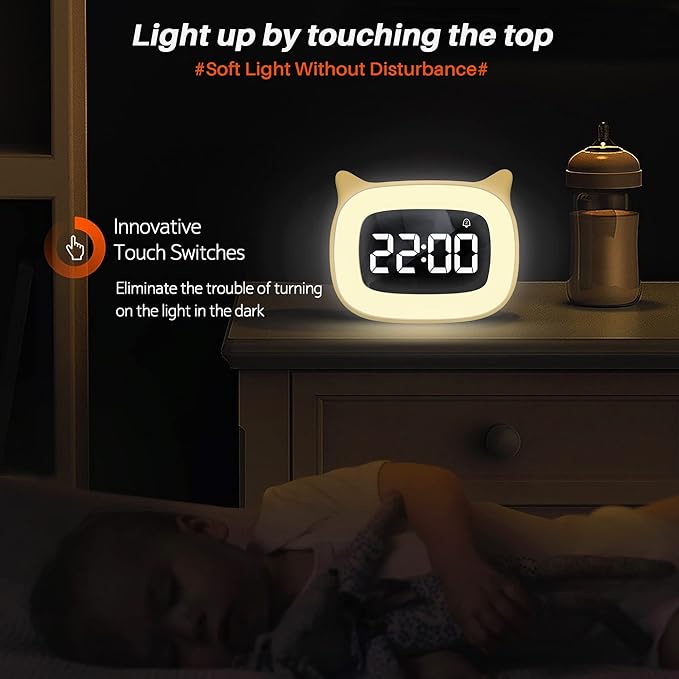 Kids Alarm Clock with Night Light & 18 Ringtones,Rechargeable,Cute Cat Ear Clock for Boys Girls Birthday Presents,Digital Clock for Children's Bedroom(Yellow)-CubbioJoy
