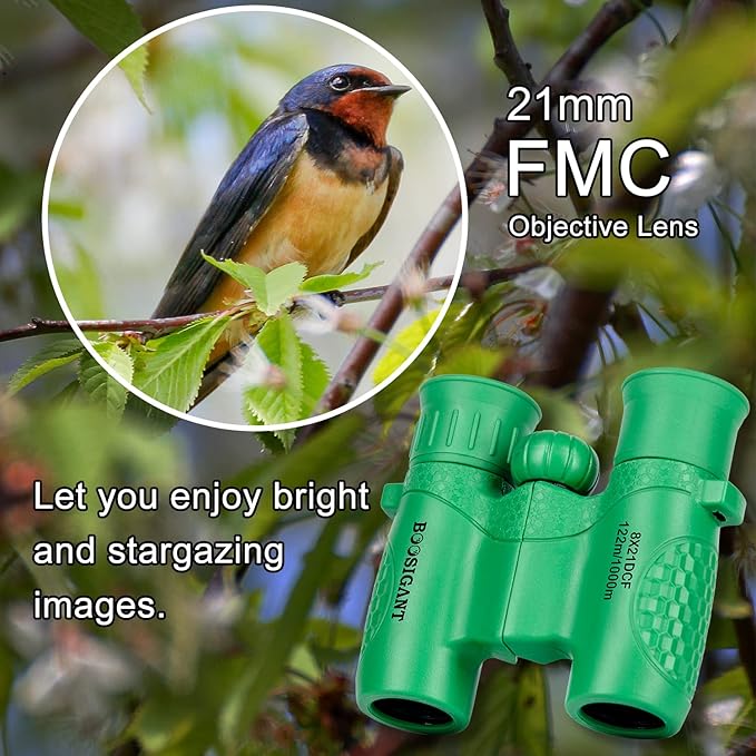 Binoculars for Kids 8x21, Gift for 3-12 Years Boys & Girls, Compact Kids Binoculars High-Resolution Shockproof Mini Binoculars for Bird Watching, Hiking, Camping, Travel Green 301-CubbioJoy