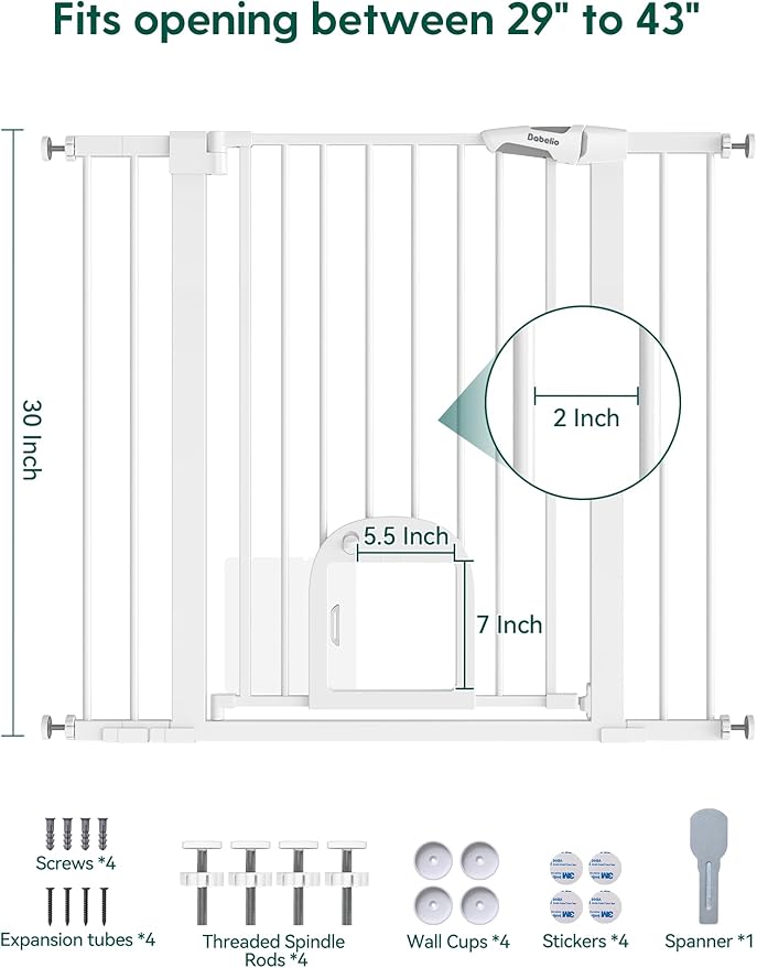 Babelio 36" Tall Upgraded Baby Gate with Cat Door, 29-43" Auto Close Durable Dog Gate for Stairs, Doorways and House, Easy Walk Thru Safety Gate with Pet Door Includes 4 Wall Cups, White-CubbioJoy