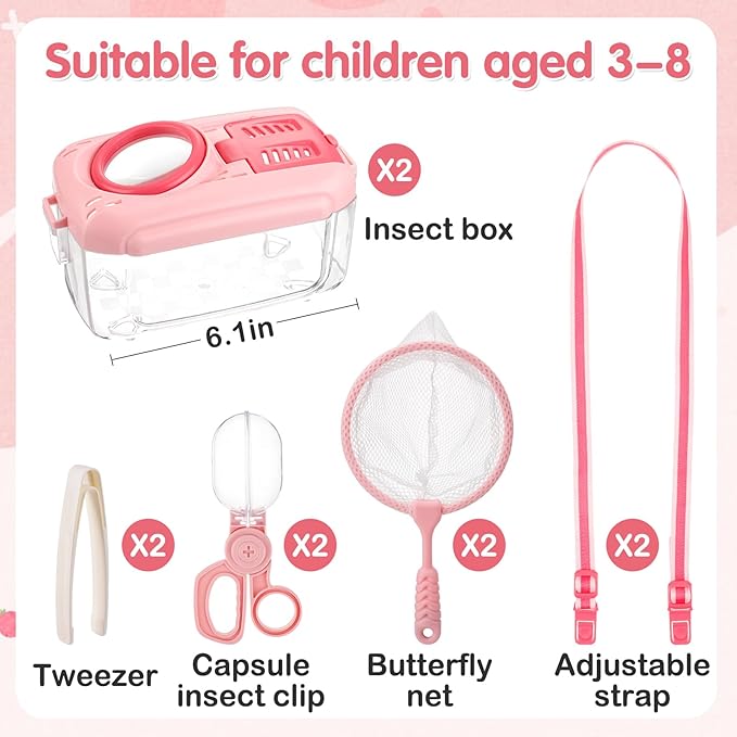 2Sets Bug Catcher for Kids- Sturdy Kids Bug Catching Kit Gifts with Collector Butterfly Net Tweezer, Bugs Habitat Outdoor Explorer Kit for Age 3 4 5 6 7 8, 8Pcs, Pink-CubbioJoy