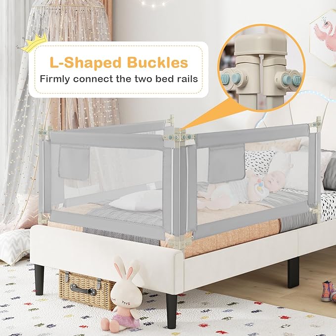 BABY JOY Bed Rail for Toddlers, 47''Long, Height Adjustable & Foldable Baby Bed Rail Guard w/Storage Pocket & Double Safety Child Lock for Kids Twin Double Full Size Queen King Mattress (Grey)-CubbioJoy