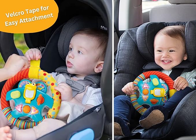 KiddoLab Steering Wheel Toy with Music,Lights,Sounds & Flip Up Mirror - Crib & Stroller Toys with Soft Fabric and Velcro Tap for Easy Attachment. Car Seat Toys for Babies and Toddlers. Ages 3 Months+-CubbioJoy
