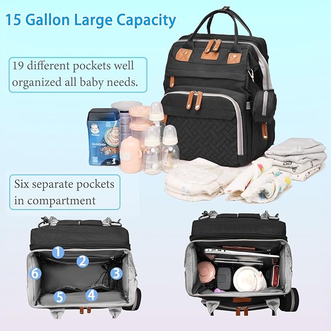 Jeryswet Baby Diaper Bags with Changing Station, Waterproof Large Capacity Diaper Bag Backpack for Moms Dads with USB Charging Port and Stroller Straps, Baby Shower Gifts, Black-CubbioJoy
