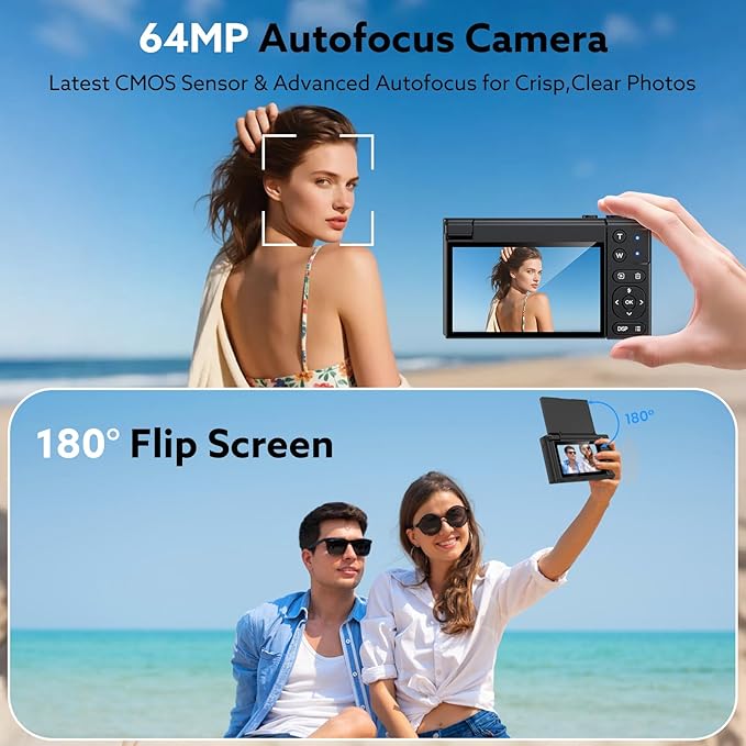 Digital Camera, 4K 64MP Cameras for Photography with 3" 180° Flip Screen,Macro and Wide-Angle Lenses,16X Vlogging Camera for YouTube with 64GB Micro SD Card for Beginner, Teens-CubbioJoy