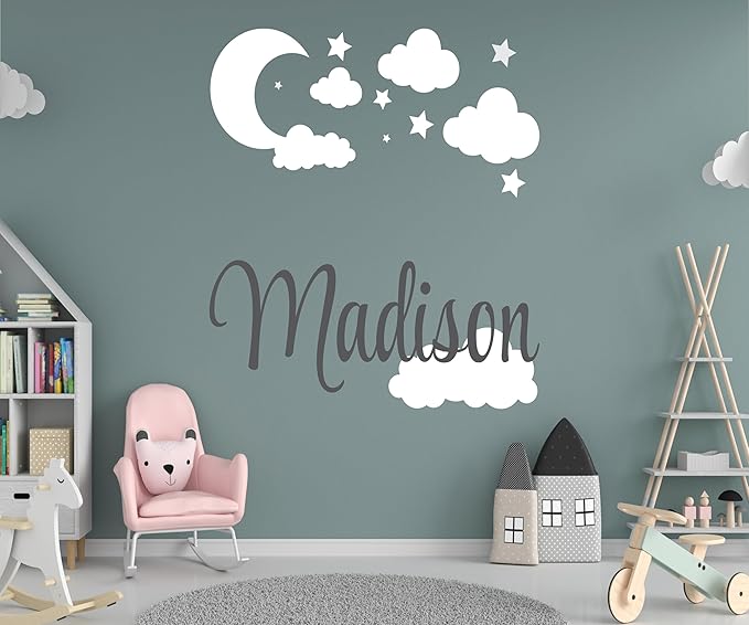 Custom Name with Moon Clouds and Stars Nursery Baby Name Wall Art Wall Decal for Nursery Bedroom playroom Decoration (Wide 40x40In Height), Wide 40Inx40In Height-CubbioJoy
