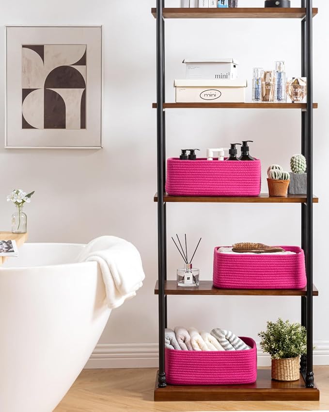 KALLAX Small Woven Basket, 13.5 x 9.5 x 5 Inches, Storage Basket for Organizing, Cute Small Rope Shelf Closet Cube Storage Bins Baskets for Shelves, Dog Toy Gift Baskets Empty, 3 Packs, Hot Pink-CubbioJoy