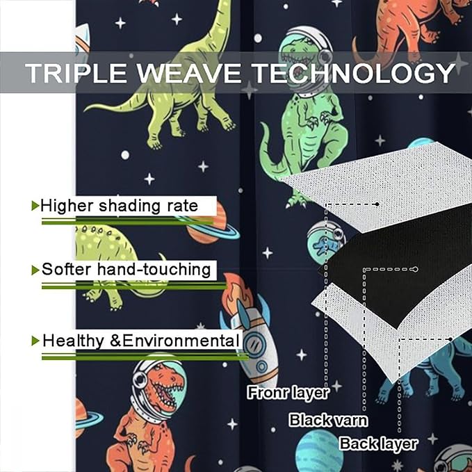 Cartoon Dinosaur Curtains for Kids Boys Girls Home Decor, Astronaut Rocket Funny Outer Space Blackout Rod Pocket Window Drapes for Bedroom Living Room W31.5xL72in 2 Panels-CubbioJoy