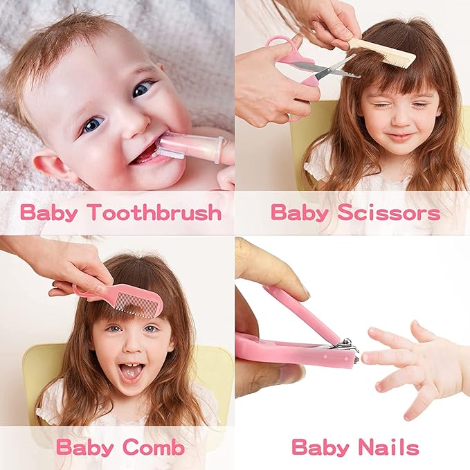 Baby Grooming Kit, Infant Safety Care Set with Hair Brush Comb Nail Clipper Nasal Aspirator,Baby Essentials Kit for Newborn Girls Boys (Pink Baby Grooming kit)-CubbioJoy