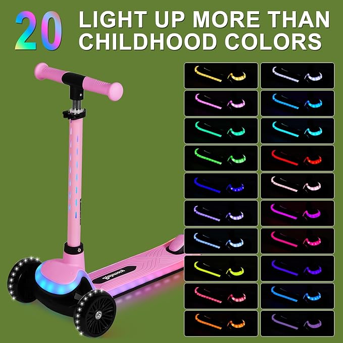 3-Wheel Light-Up Kids Scooter, 20 Different Light Patterns,Three Adjustable Heights,Lean to Steer, Balance Scooter for Ages 3-8-CubbioJoy