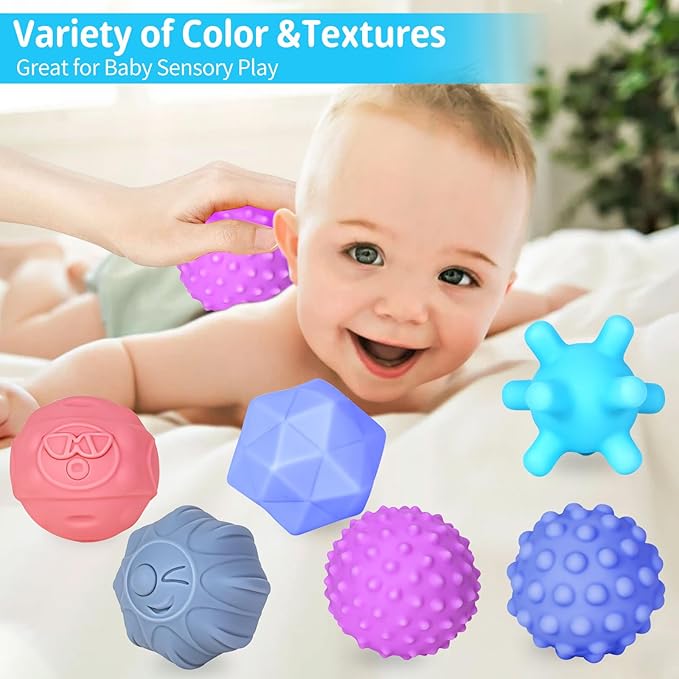 12 Pcs Sensory Balls for Toddlers, Sensory Baby Toys, Montessori Toy for Babies Squeeze, Infant Toys Soft Multi Ball Set Gifts with Bright Color Textured-CubbioJoy