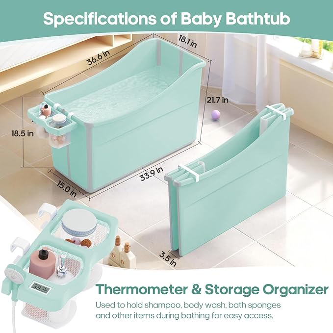 Collapsible Baby Bathtub Foldable Bathtub for Toddler Portable Large Foldable Bath Tub Bathtub for Kids Petite with Thermometer and Storage Basket (Green)-CubbioJoy