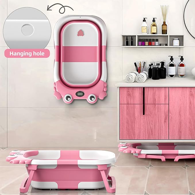 Collapsible Baby Bathtub for Newborns to Toddler with Real-time Temp Monitor & Floating Cushion,Portable Travel Tub for 0-36 Month, Foldable Baby Bath Tub for Infants Girl (Pink)-CubbioJoy