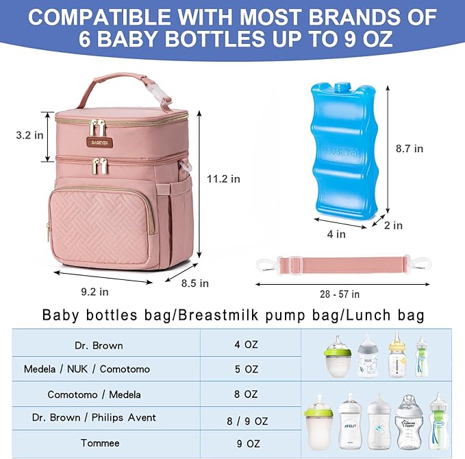 Insulated Breastmilk Cooler Bag with Ice Pack - Holds 6x9oz Bottles, Leakproof Double Layer, Baby Bottle Cooler Bag with Adjustable Strap for Nursing Moms, Daycare & Travel-CubbioJoy