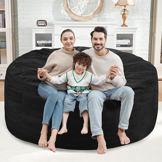 5FT Bean Bag Chair, Large Bean Bag Chairs with Memory Foam Filled, Fluffy Beanbag Sofa with Dutch Velvet Cover, Round BeanBag Chairs for Living Room, Playroom - Black-CubbioJoy