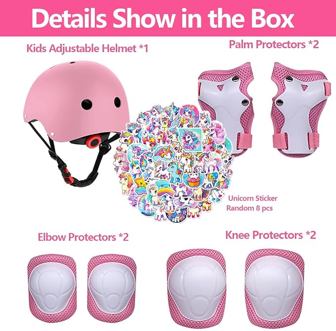 Kids Bike Helmet with Knee Elbow Wrist Pads Guards,Pink,for Ages 2-3-5-8-14,Sports Bicycle,Skate Scooter,Rollerblading with Unicorn Sticker-CubbioJoy