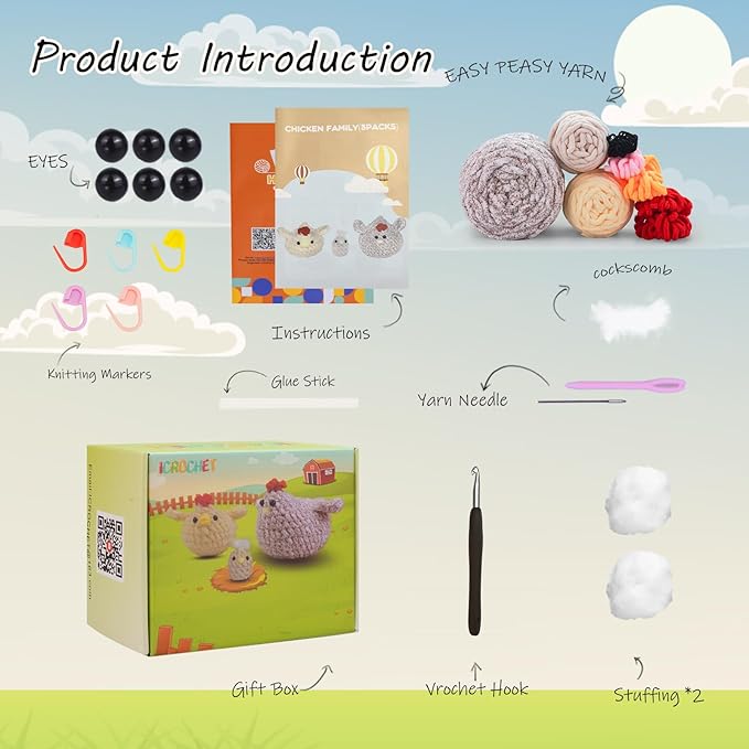 Crochet Kit for Beginners,Chicken Crochet Starter Kit with Step-by-Step Video Tutorials,Crochet Animal Kits for Adults Kids,Chicken Crocheting Set Complete Included-CubbioJoy