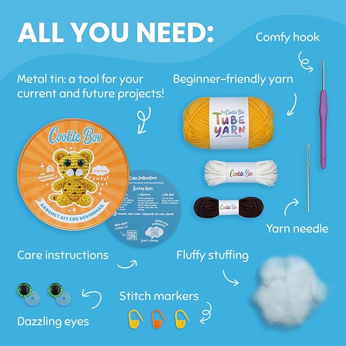 Cookie Box Crochet Kit for Beginners - Learn to Craft Amigurumi Stuffed Animals - Knitting Gift for Kids and Adults - Beginner-Friendly Yarn - Stitch-by-Stitch Video Tutorial - Leopard Leo-CubbioJoy