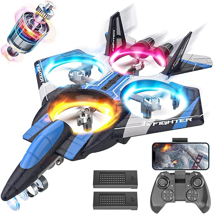 BEZGAR RC Plane for Kids | 2.4GHZ Brushless Drones with Camera, 6-axis Gyro Remote Control Airplane, 360° Flip Fighter Jet Toy, Toys for ages 8-13 with Colorful LED Navigation Lights Blue-CubbioJoy