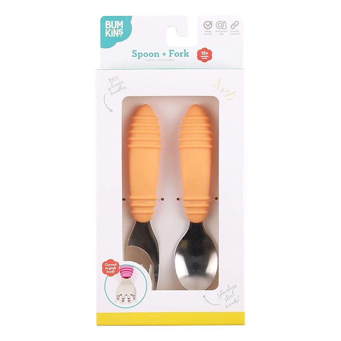 Bumkins Toddler Utensils, Kids Size Fork and Spoon Set, Silicone and Stainless-Steel Training Silverware, Angled Forks / Sporks for Self-Feeding, Children Learning to Eat, 18 Mos Up, Tangerine Orange-CubbioJoy