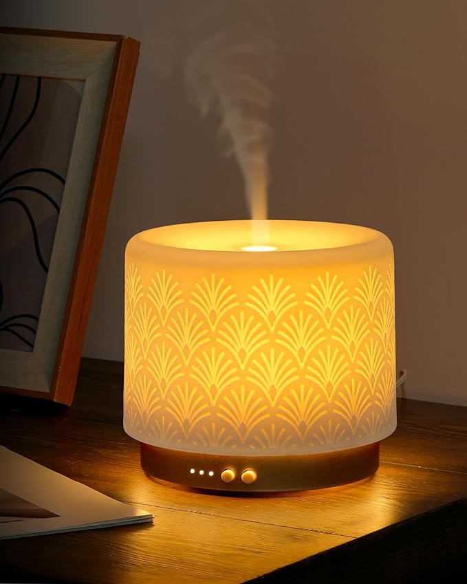 Ceramic Essential Oil Diffuser 280ml- Aromatherapy Diffuser with Ultrasonic Cool Mist Humidifier, Night Light, Timer, Auto Shut-Off, Large Room Aroma Diffuser for Home, Bedroom, Office, Yoga-CubbioJoy