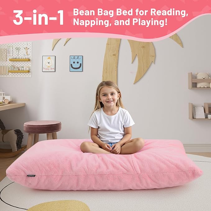 COMAX 3-in-1 Bean Bag Chair for Kids, Toddler Beanbag Bed, Convertible Child Floor Lounger, Floor Mattress with Filler for Girl Boy Sleeping Reading, Pink-CubbioJoy