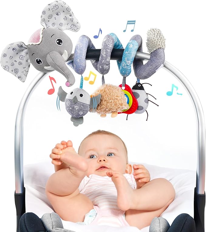 Jollybaby Baby Car Seat Stroller Toys, Plush Activity Hanging Spiral Activity Pram Crib with Music Box, Rattles, Squeaker for Babies Infant Boys Girls (SZ Gray Elephant)-CubbioJoy