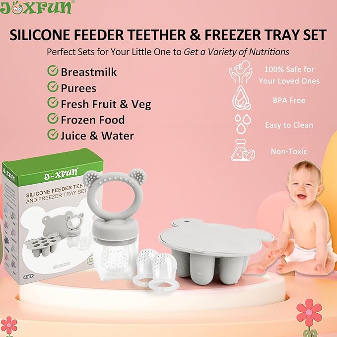 JEXFUN Baby Fruit Food Feeder & Mini Freezer Nibble Tray Combo, Breastmilk Popsicle Molds for Baby Cooling Relief, BPA Free Silicone Feeder for Safe Infant Self Feeding, 4 Month+ (Light Grey)-CubbioJoy