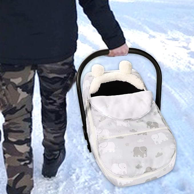 Carseat Cover Boys, Winter Cozy & Warm Cover, Elephant Baby Car Seat Cover, Infant Car Seat Canopy, Ultra-Soft Breathable Protect Baby from Cold Wind, Zipped Removable Design-CubbioJoy