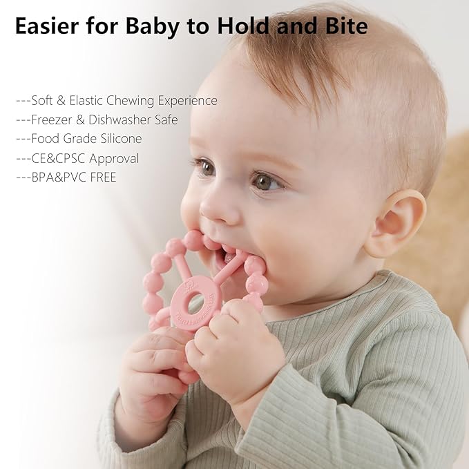 3 Pack Ring Teether Baby Infant Toys, Baby Essentials, Silicone Teething Ring Toys for Babies 0-6 Months, Seposeve Toddler Teethers 6-12 Months 12-24 Months, Infant Teething Relief, Purple Pink White-CubbioJoy