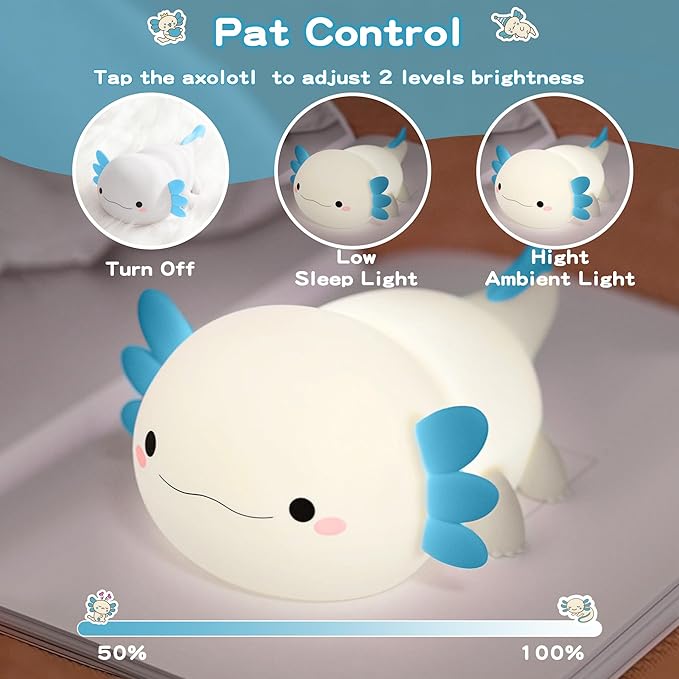 Axolotl Night Light,Cute Axolotl Lamp,Food Grade Silicone Nursery Nightlight,Rechargeable/Dimmable LED Squishy Novelty Animal Bedside Touch Lamp,Baby Room Decor, Axolotl Gifts for Kids/Boys-CubbioJoy