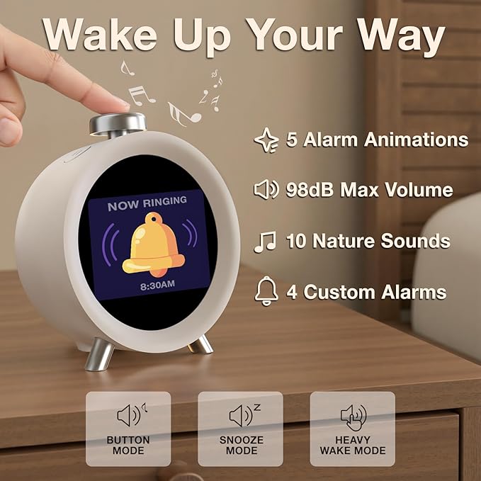 Dekala ChronoSense Alarm Clock for Bedroom Temperature Humidity, 7-Day Programmable 4 Alarms, 100dB Loud Gradual Alarm Clock Heavy Sleeper, IPS Screen Animation, Hourly Chime-CubbioJoy