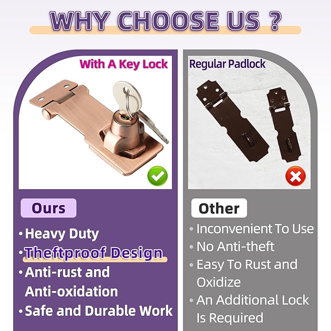 Alise Keyed Hasp Lock,3 Inch Safety Packlock Clasp Hasp Lock Latch with Lock,Door Hinge Lock with Keys Keyed Locking Hasp for Cabinets Closets Doors,Red Bronze-CubbioJoy