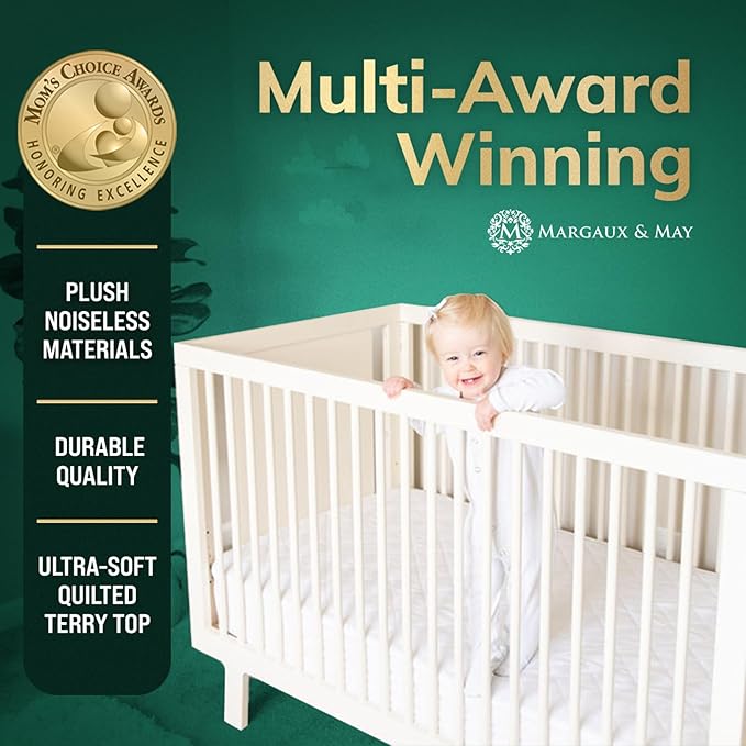 Crib Mattress Protector Pad - Ultra-Soft Waterproof Breathable Premium Bamboo Rayon - Noiseless Fitted Dryer Safe Cover. High Absorbency Oeko-TEX Certified (28 x 52 x 9 inches) MARGAUX & MAY-CubbioJoy